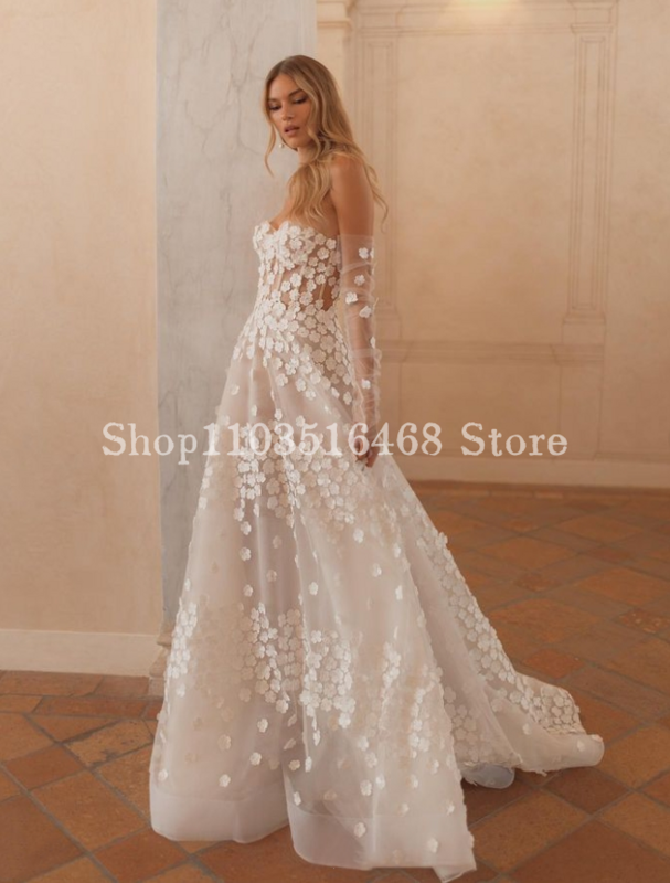 Elegancka suknia ślubna Sheath 2024, luksusowa biała aplikacja Sheer Bohemian A-Line Niestandardowa długa suknia ślubna فساتين السهرة فخمه