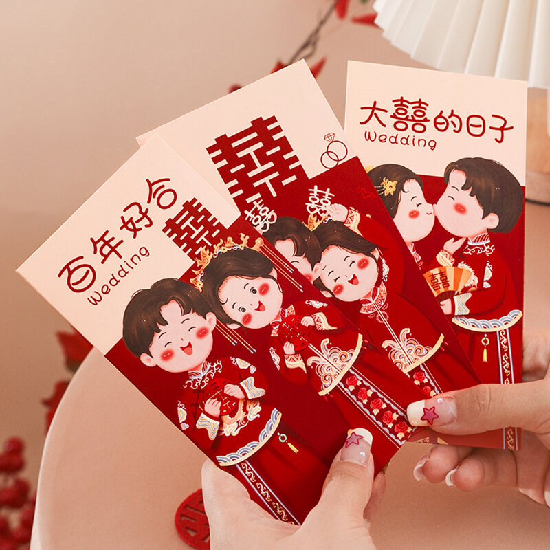 6 szt. Tradycyjne chińskie wesele czerwona koperta szczęśliwe pieniądze paczki z błogosławieństwem czerwone opakowanie prezenty ślubne Hongbao