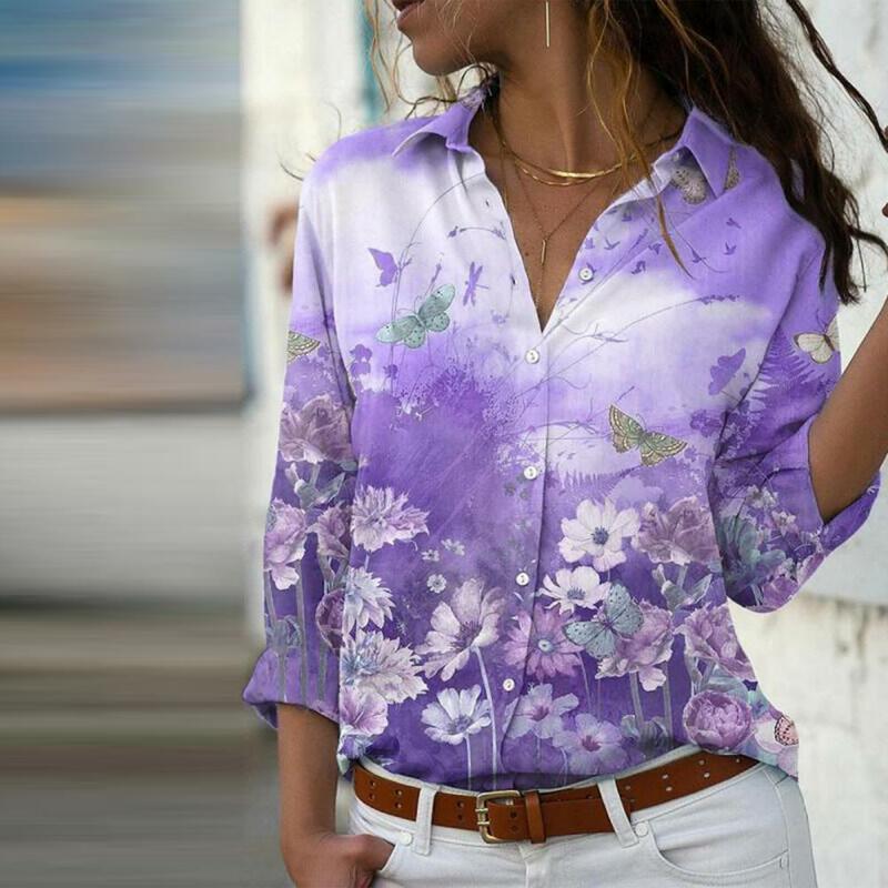 Blusa de manga comprida com peito único estampado feminino, camisa de lapela elegante, streetwear estampado casual, ajuste solto