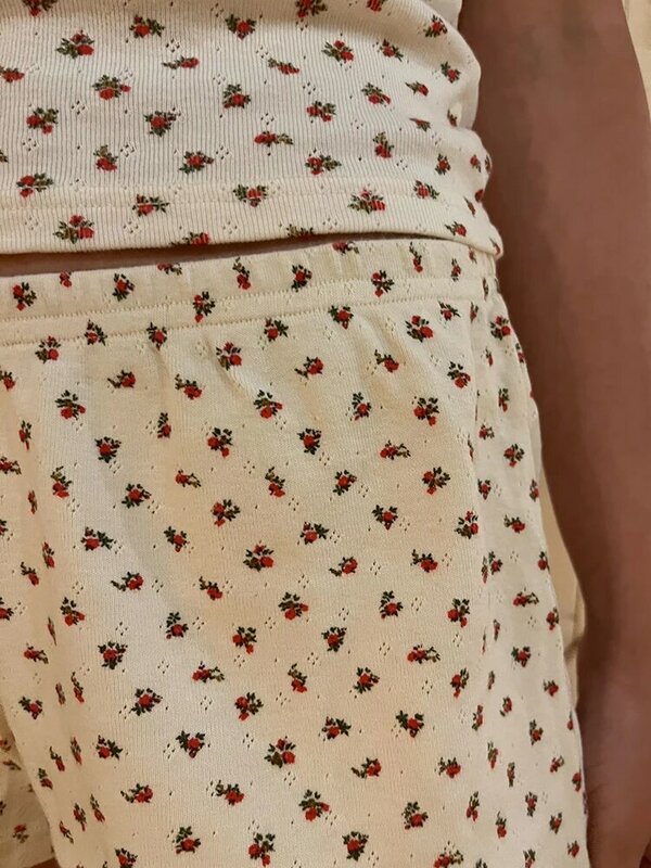 Set Pendek Pita Gambar Cetak Floral Atasan dan Celana Pendek Potong Renda Manis Musim Panas Setelan Dua Potong untuk Wanita Pakaian Vintage Lucu Kasual