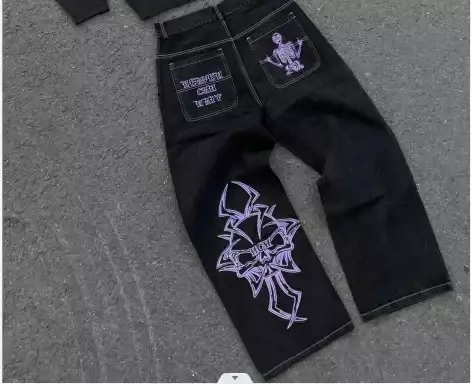 Haft z ciężkim zamkiem błyskawicznym sprane dżinsy amerykańskiej główna ulica marki modowej Y2K retro para nisza luźne proste spodnie