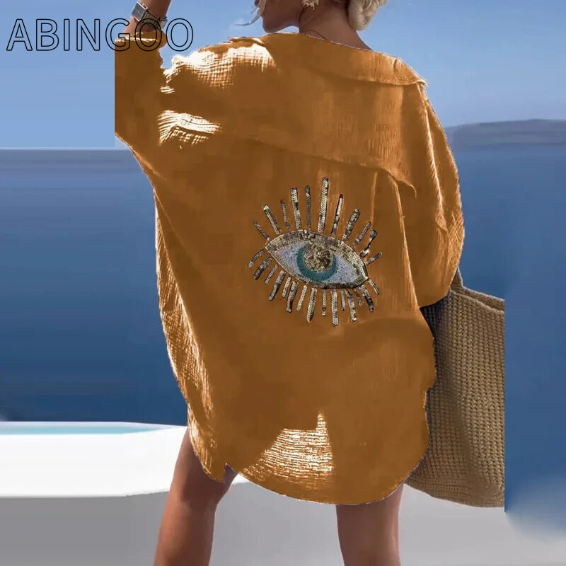 ABINGOO Evil Eye Casual Sequin Beaded Shirt Women Fashion Beach Style Shirts Sun Protection Cotton Linen Lady Loose Plus Blouse