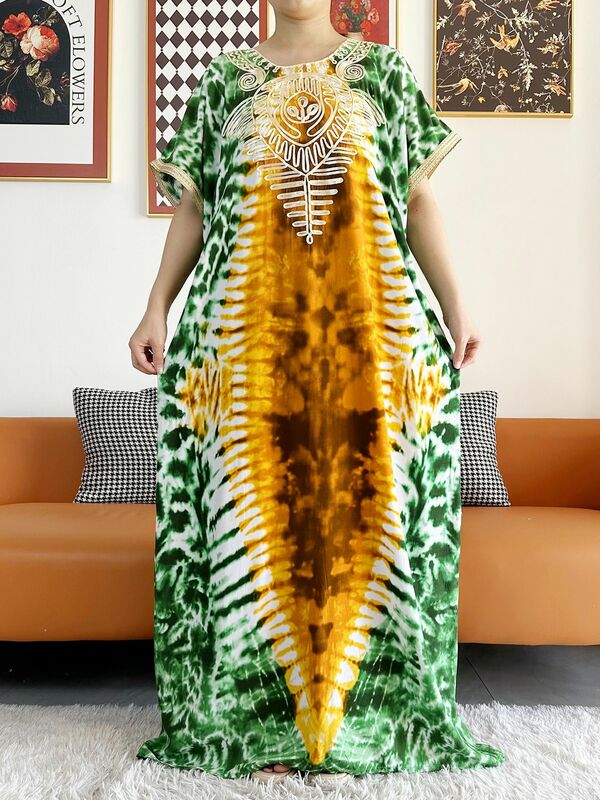 2024 baru wanita Afrika Dashiki 100% katun gaun bunga dicetak Tie-dry lengan pendek Maxi longgar gaun elegan Afrika