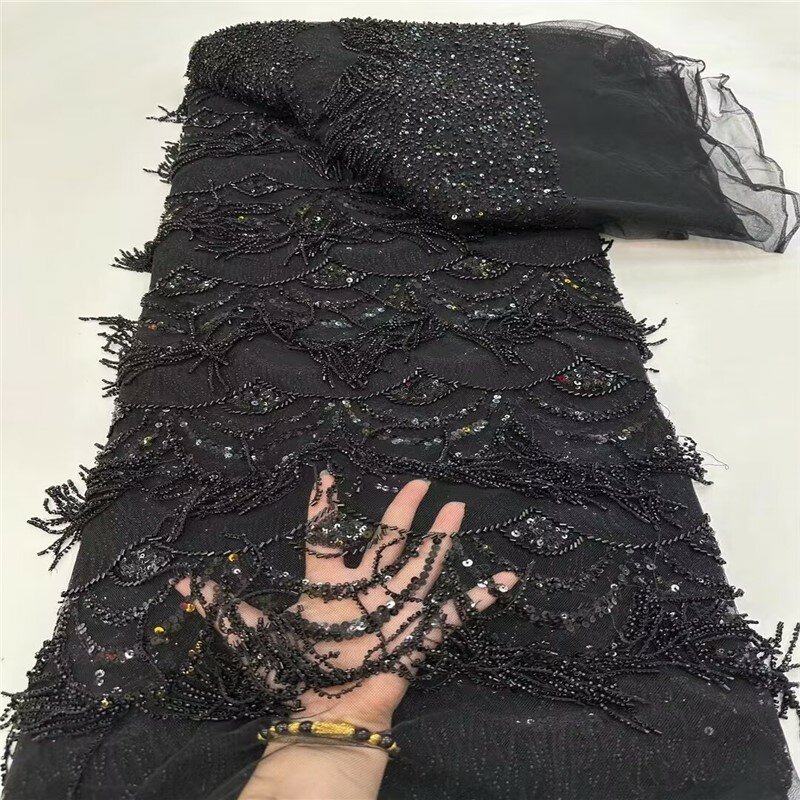 Wind Tassel Bead Tube Lace Fabric Wedding Dress Costume Gown Sequins