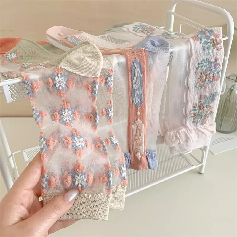 Conjunto de meias florais de cor mista para mulheres, fina, respirável, transparente, longa, novidade, estilo coreano, verão, 3 pares