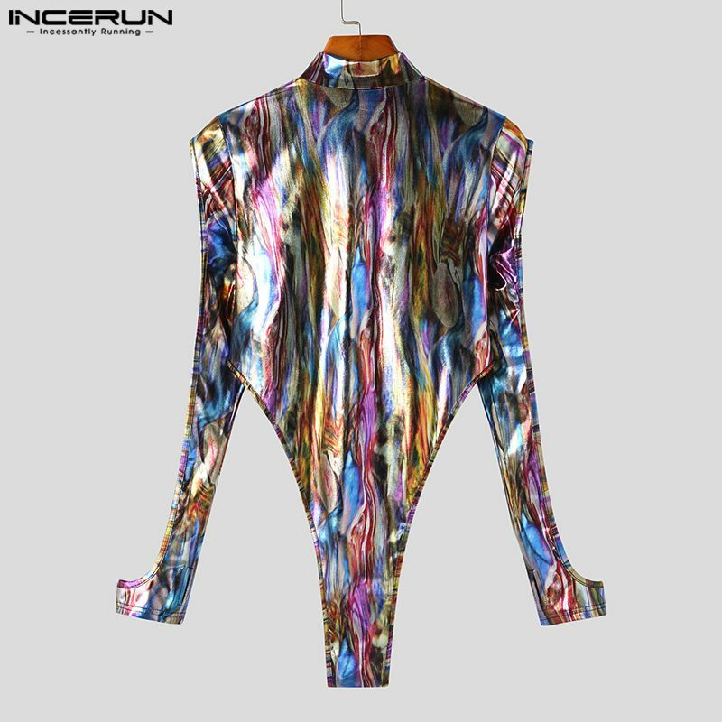 Sexy Style New Mens Jumpsuits INCERUN 2023 Coated Flash Fabric Bodysuits Casual All-match Male Thimble Long Sleeve Rompers S-5XL