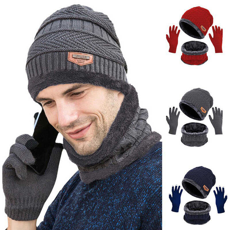 Gorro de invierno con pantalla táctil, bufanda, guantes de punto holgados, calentador de cuello, guantes de mensajes táctiles para nieve y frío
