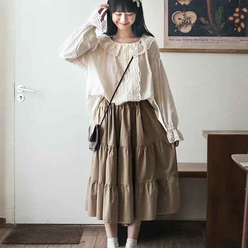 GIDYQ celana kaki lebar wanita, celana rok celana kasual Mode bentuk pir cocok semua gaya Jepang lucu pinggang tinggi antik