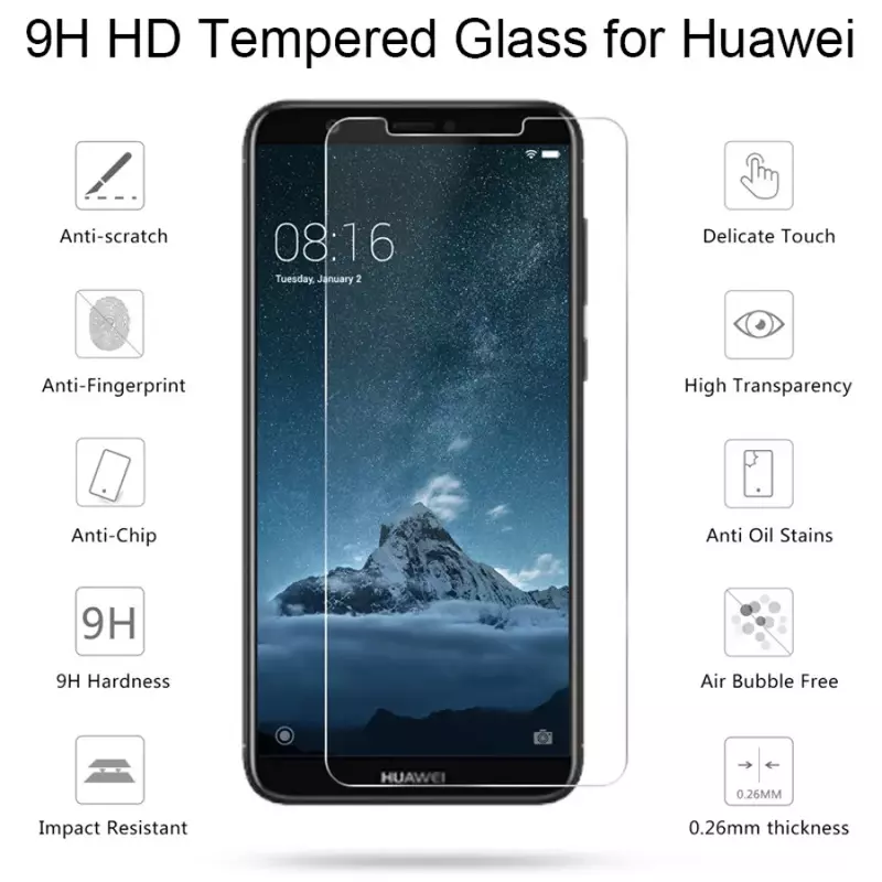 2 buah 9H kaca Tempered diperkuat film pelindung keras untuk Huawei Mate 20 Lite 10 Pro 9 8 7 pelindung layar bening untuk Huawei Mate S