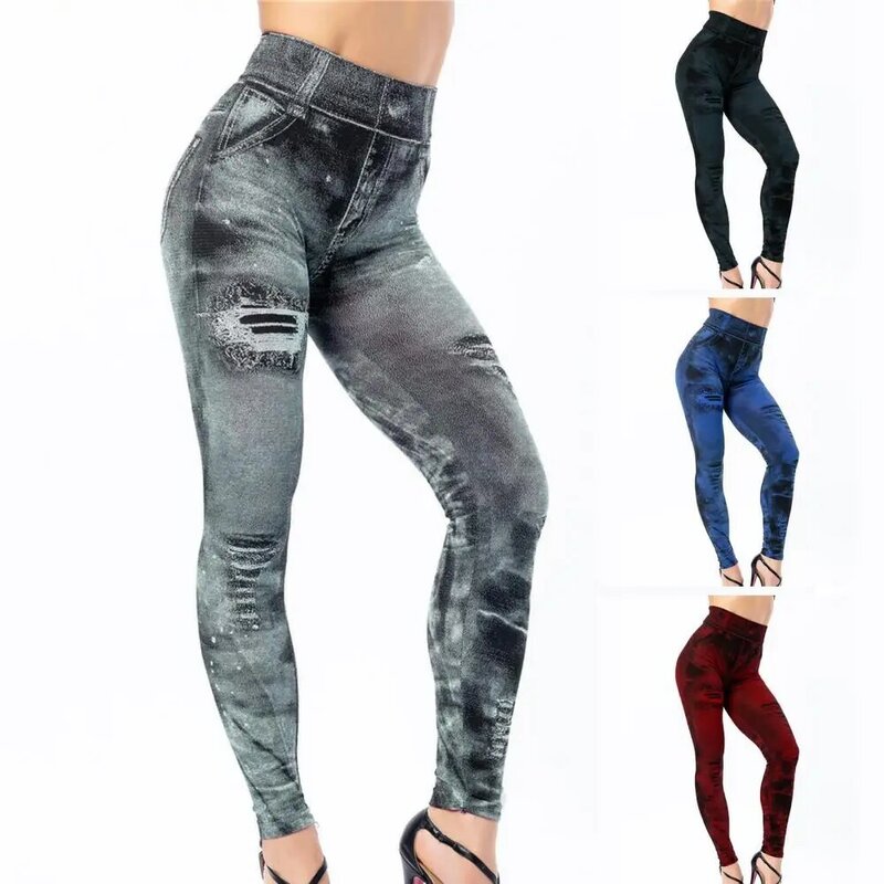 Calças justas de jeans do falso denim feminino, calças bodycon elegantes, buracos rasgados, perneiras fitness, estampa