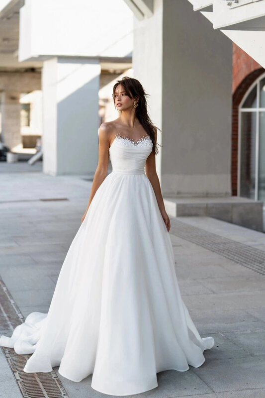 Vintage Pearl Neck Wedding Dresses Simple Pleat Robe Elegant Satin Off Shoulder A-Line Bridal Gowns Sleeveless Bride Dresss 2024