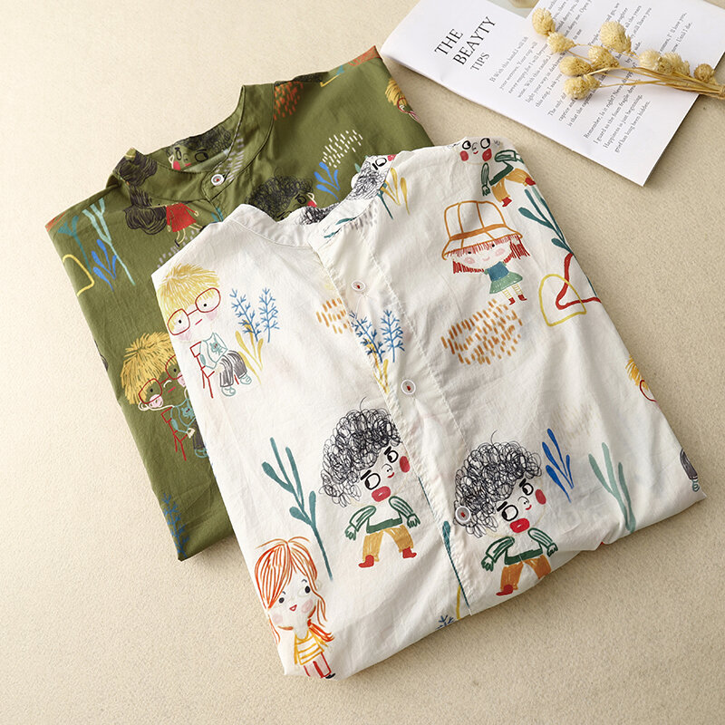 اليابانية قصيرة الأكمام المطبوعة قميص المرأة 2023 الصيف جديد الحلو الوقوف طوق القطن رقيقة فضفاضة قميص المرأة بلايز kamas