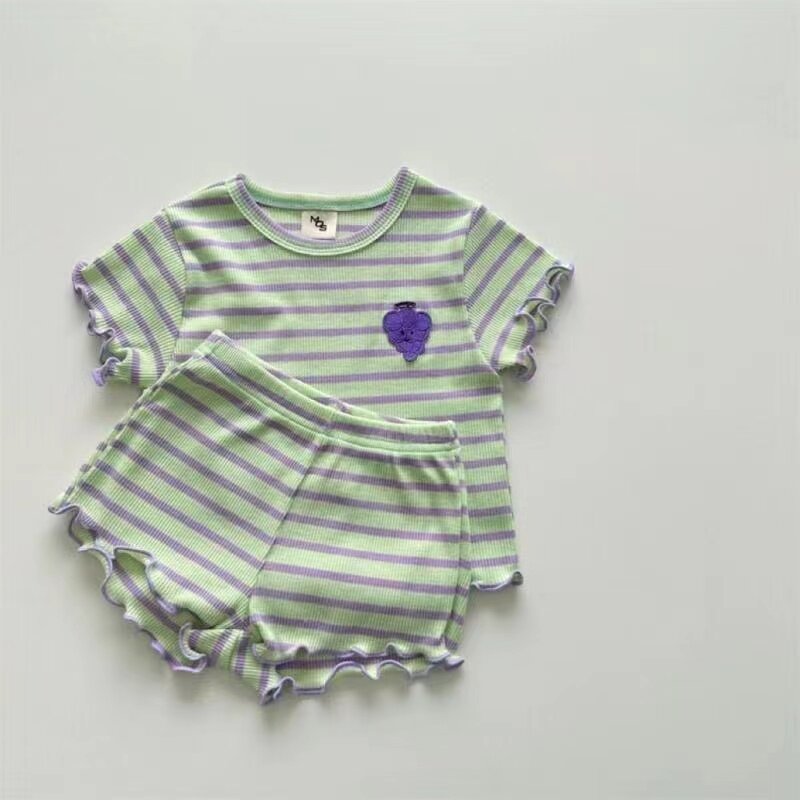 Ensemble de vêtements rayés à manches courtes pour bébé fille, 2 pièces, motifs de raisin imbibés, été 2024