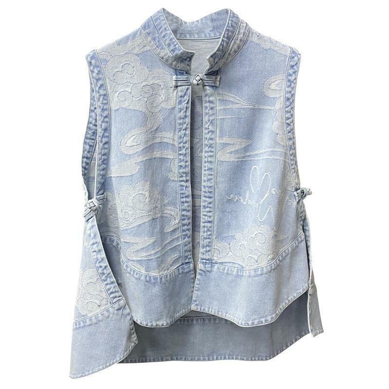 2024 Denim Vest Women's Net Printing Jacket Trendy Fashion Ethnic Style Sleeveless Cardigan Casual Coat Loose Summer Thin Outer