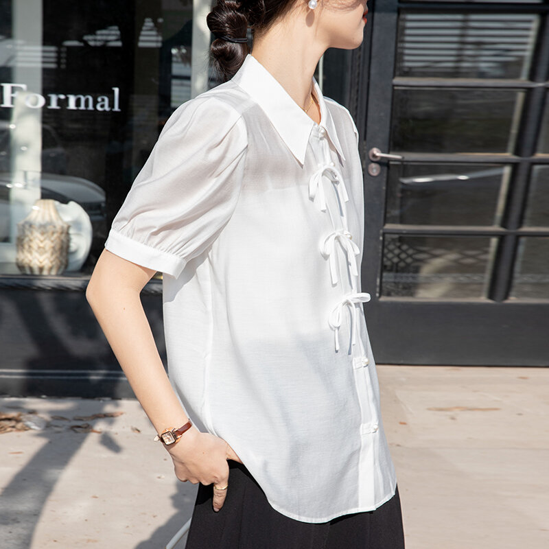 Camisa de ácido acético estilo chinês feminino, boca em chapa, manga curta, top monocromático, roupa feminina, verão, novo, 2024