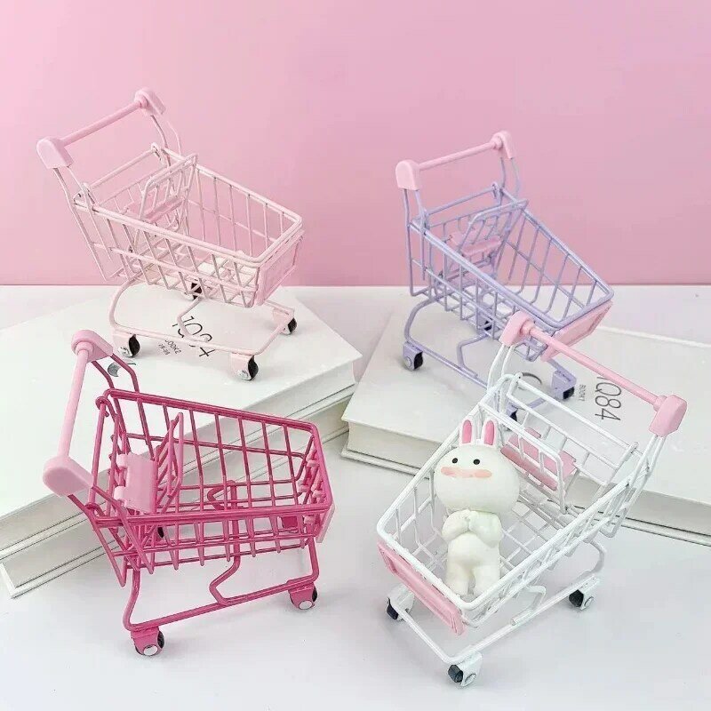 Simulation Supermarket Hand Trolleys Pretend Play Toy Mini Shopping Cart Kids Toys Kids Room Desktop Storage Basket Home Decor