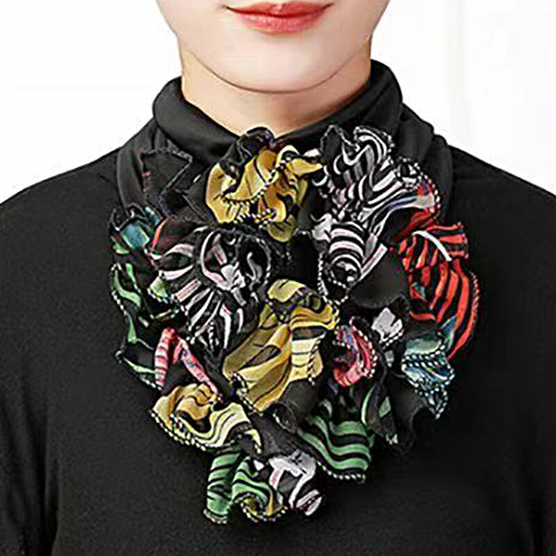 Mulheres estampa floral Chiffon Headband, gola falsa, lenço de pescoço, babados lenço, destacável, elegante, elástico, quente