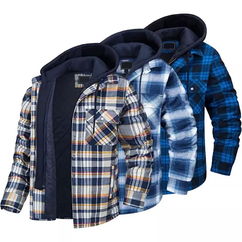Winter Men's Hooded Jacket Drawcord Fashion Men's Thickened Hooded Cotton Windproof Parkas Plaid Shirt Casual Jackets for Men