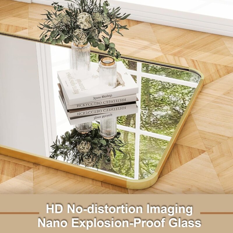 Espejo de longitud completa redondeado con marco de aluminio, espejo de suelo dorado con soporte para sala de estar, espejos de guardarropa de 59 "x 16"