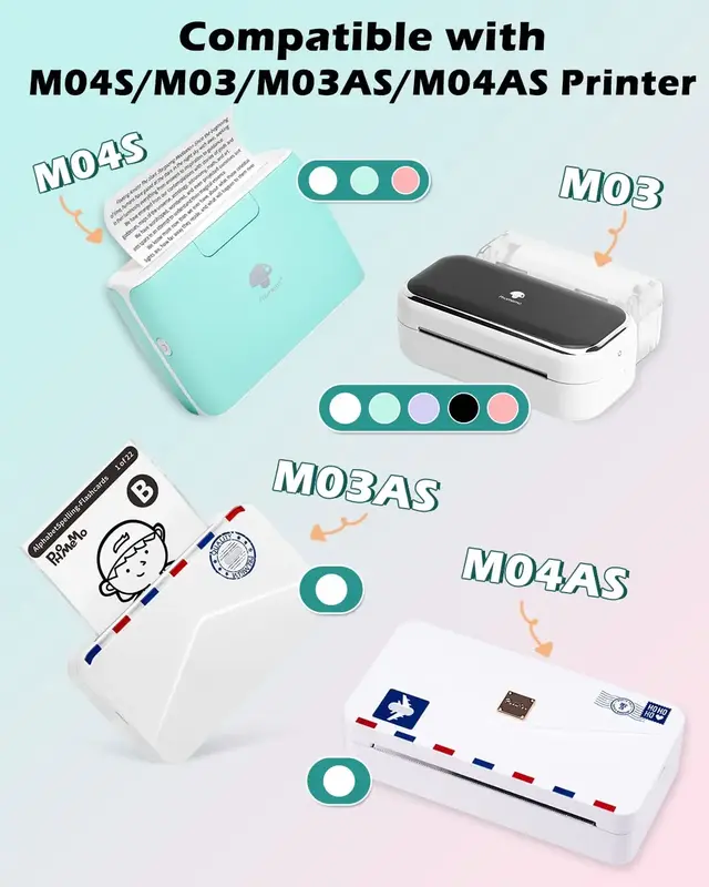 Phomemo M03AS/M04S/M04AS 와 호환 가능한 미니 휴대용 포켓 프린터, 107mm 투명 감열지, 흰색 자체 접착 용지