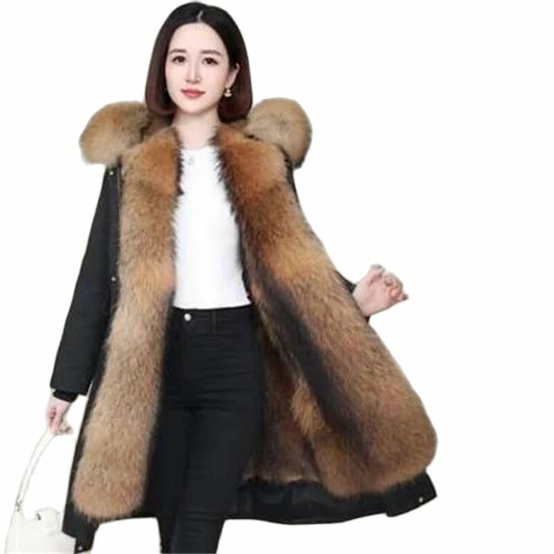 Casaco de algodão grosso com capuz para senhoras, grande pele de guaxinim falso, jaqueta russa, roupas quentes, tops, casacos, inverno, 2024