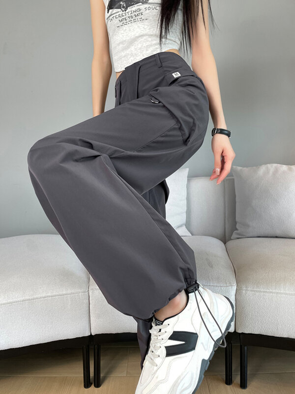 Pantalones Cargo holgados con bolsillos y cordón para mujer, pantalones de chándal femeninos, de cintura alta, informales, a la moda