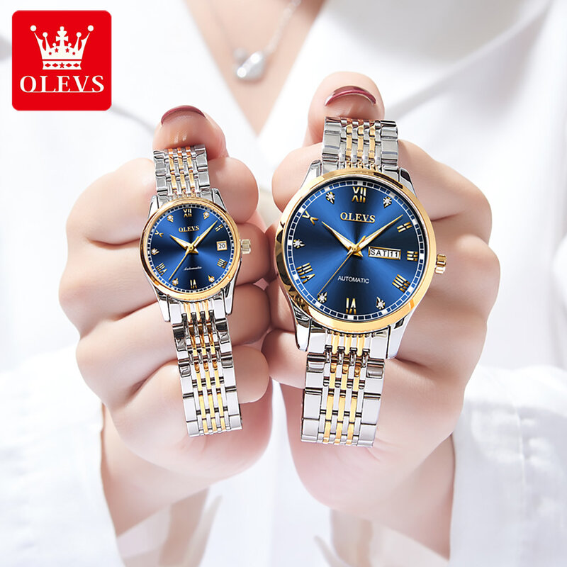 Новые роскошные часы OLEVS для пар, автоматические механические наручные часы, модные классические водонепроницаемые часы для влюбленных, подарки для влюбленных