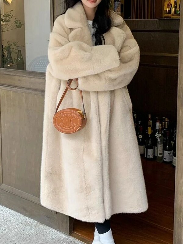 Manteau en fausse fourrure pour femme, vestes longues en peluche pour femme, double boutonnage, revers, épais, chaud, mode coréenne, décontracté, hiver