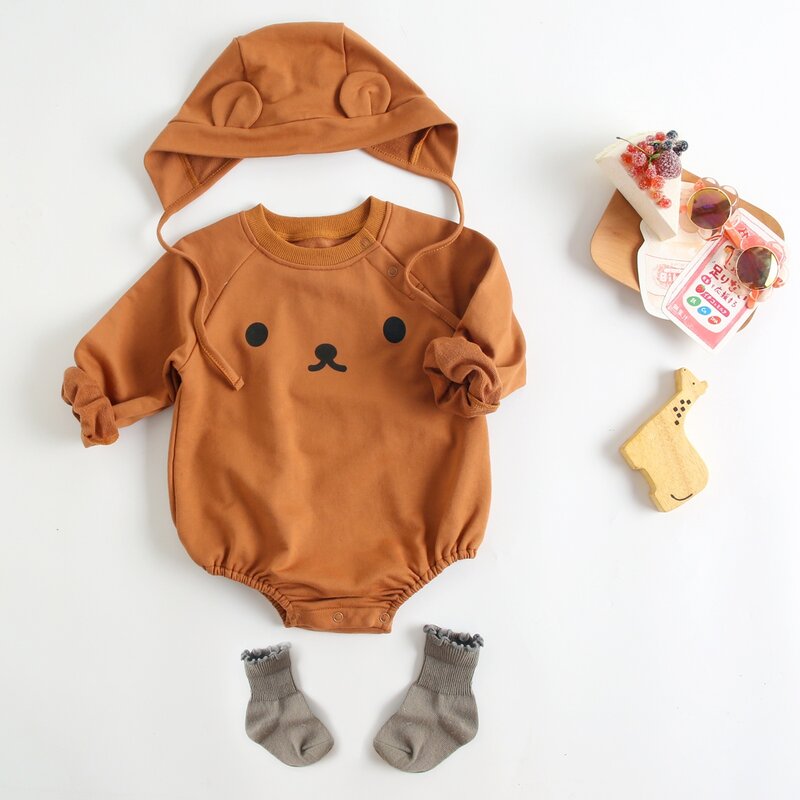 Baju Bayi Bayi Baru Lahir Modama Set Romper Kartun Lucu Musim Semi Musim Gugur Baju Bodysuit Lengan Panjang dengan Topi