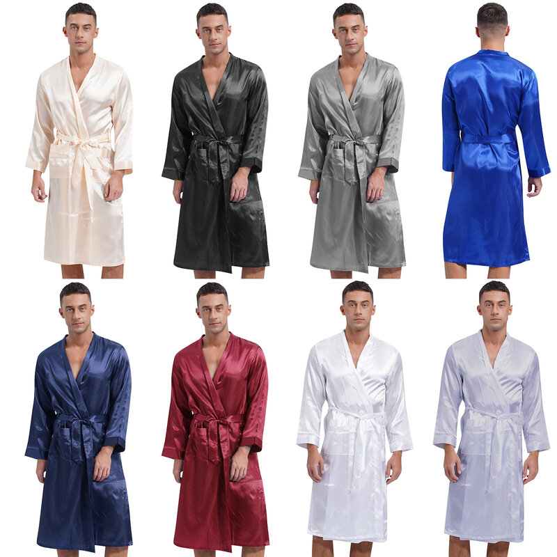 男性用シルキーサテンバスローブ、オープンフロントナイトウェア、長袖、ウエストベルト、サイドポケット、着物ミッドローブ、ナイトウェア、ホームウェア