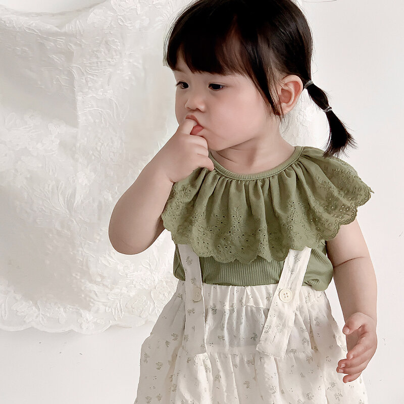 Conjunto de ropa de 2 piezas para bebé, Tops sin mangas con solapa de Color sólido, traje elástico con estampado Floral, novedad de verano