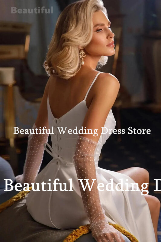 New Simple Satin Wedding Dress For Women V-Neck Spaghetti Straps Lace-Up Back Design A-Line Side Split Vestidos Bridal Gown