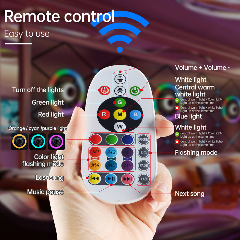 Dingdian-Controle remoto de volante, cores RGB, música azul do dente Luz noturna com alto-falante, CA 85-265V, E27, 36W