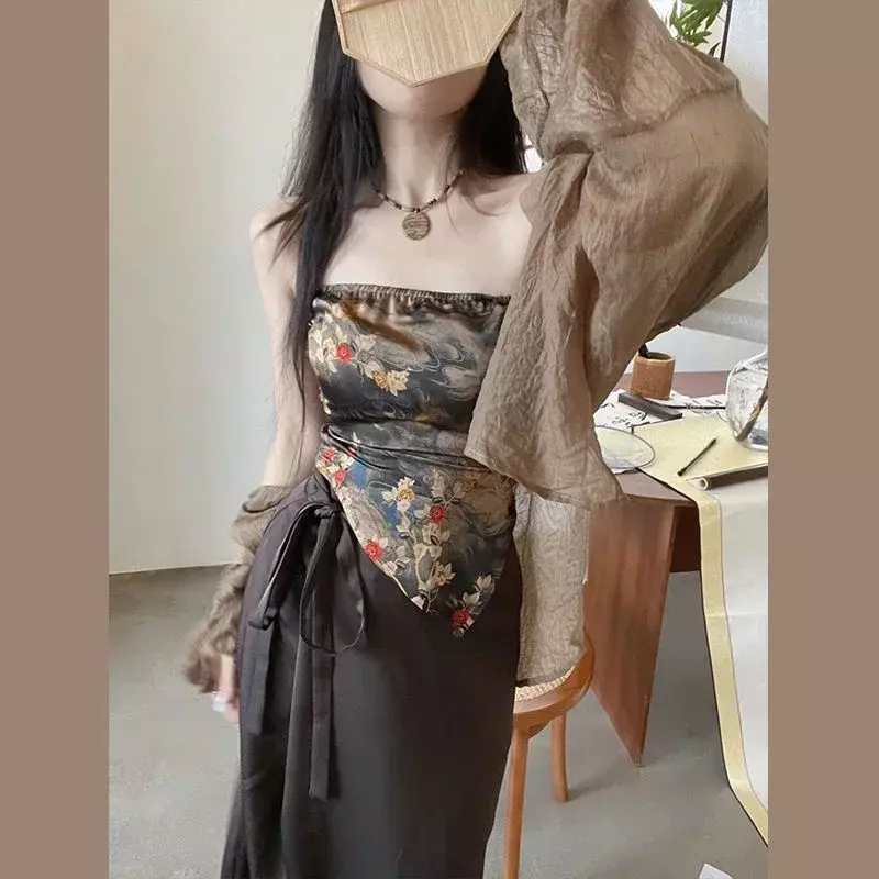 بدلة فستان Hanfu الصينية التقليدية ، سترة صيفية فضفاضة كلاسيكية ، سترة علوية أنبوبية وتنورة عالية الخصر ، طقم نسائي من ثلاث قطع