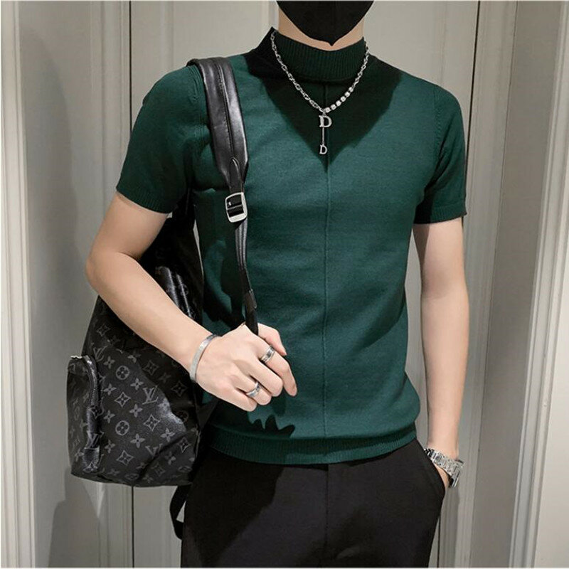 2022 Brand Clothing Men Spring High Quality Casual Short-Sleeved Sweater/Men Slim Fit High collar Casual knit sweater Tees