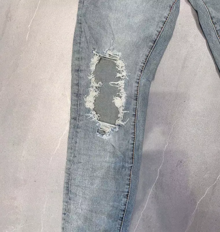 Light Blue Purple Brand Men's Distressed Streetwear Fashion Denim Slim Paint Graffiti Damaged Ripped Jeans