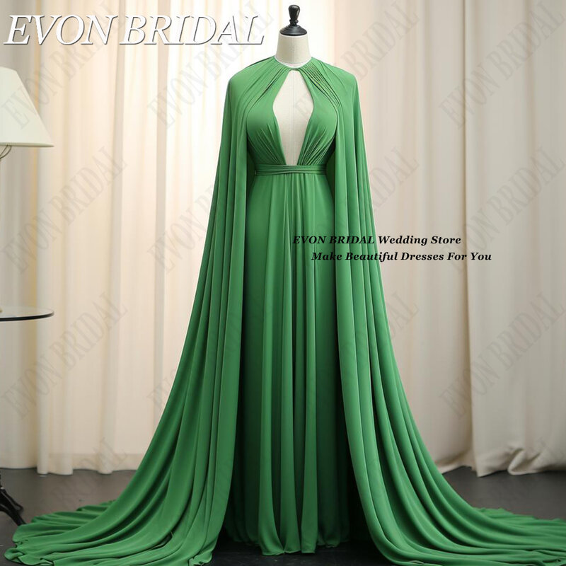 Evon Braut sexy langes Abendkleid 2024 Ausschnitt Hals grün Robe de Soiree Femmes Chiffon Cape Ärmel formelle Hochzeits feier Kleid