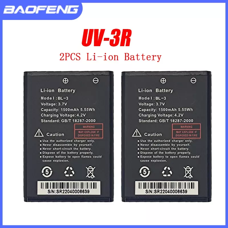 BAOFENG-Original UV-3R Bateria BL-3, 1500mAh, 3.7V, compatível com Walkie Talkie, BF-R5, BF-C50, BF-T6,, rádio bidirecional, Li-ion,