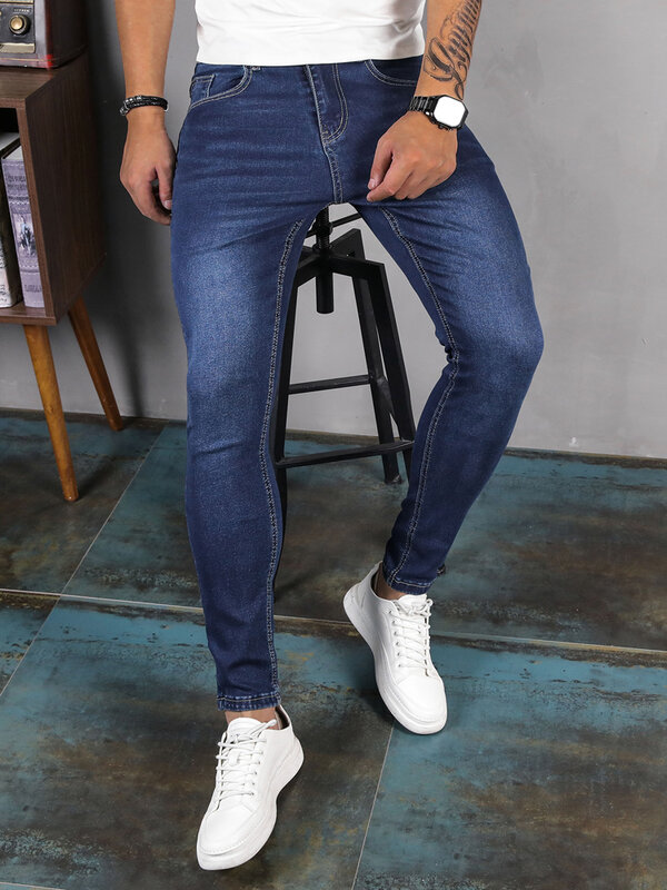 Y2k calças de brim masculinas cor sólida multi bolsos denim meados da cintura clássico estiramento elástico denim lápis calças streetwear
