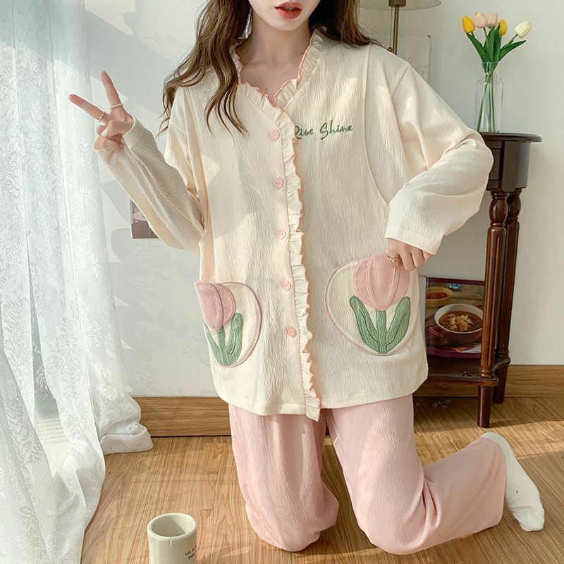 Confinement Clothing Pure Cotton Female Spring Autumn Postpartum Nursing Clothing Women Thin Absorb Sweat Breathable Pajamas