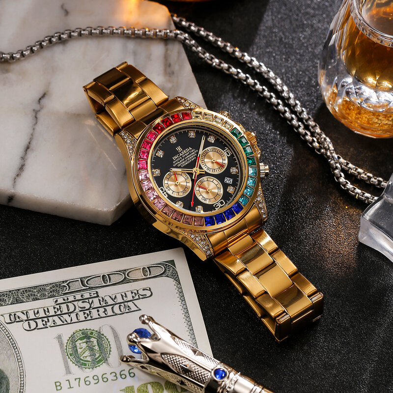 CASEDA-Relógio de quartzo impermeável de aço inoxidável para homens, cor luxuosa, diamante, ouro, novo, 2022