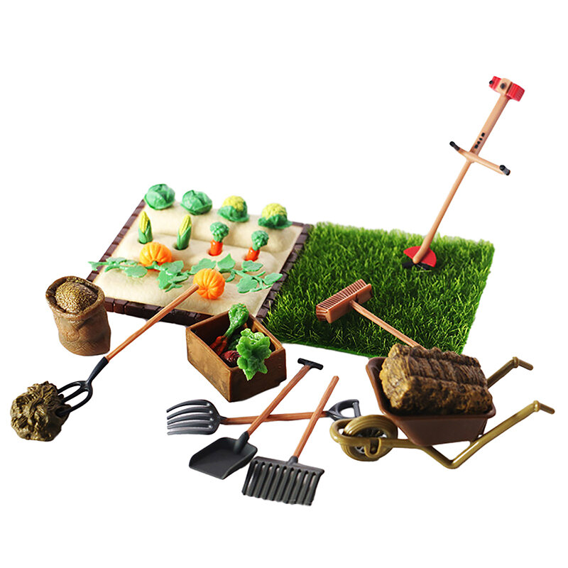 1Set Dollhouse Miniature Farm Tool giardinaggio pala rastrello tosaerba modello vegetale strumento di scena per piantare all'aperto
