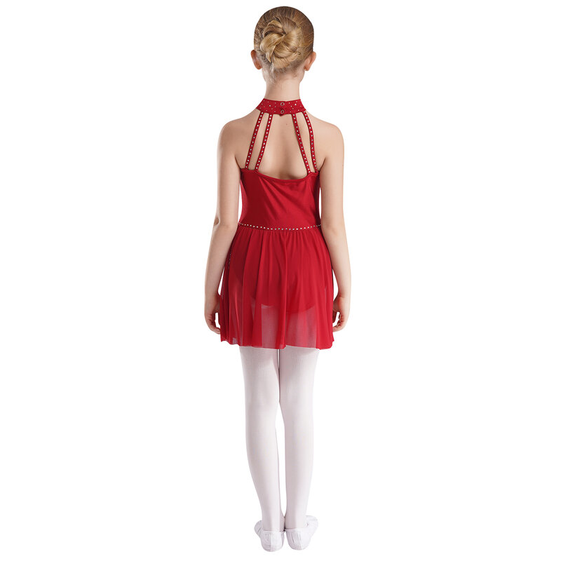 Kids Girls Modern Contemporary Lyrical Dance Costume Shiny Dimonds Cross Halter Dance Dress Gymnastics Leotard Dancewear
