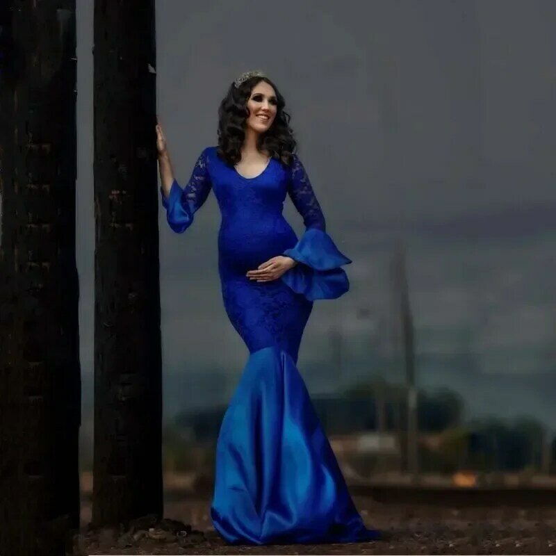 Koronkowa sukienka ciążowa fotografia rekwizyty sukienki sesja zdjęciowa syrenka Maxi suknia kobiety w ciąży ubrania z długim rękawem nowość
