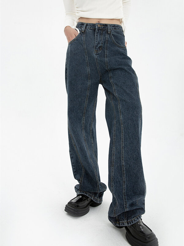 Темно-синие женские джинсы с высокой талией, винтажные прямые мешковатые джинсовые брюки, уличная одежда, модные широкие джинсовые брюки в американском стиле