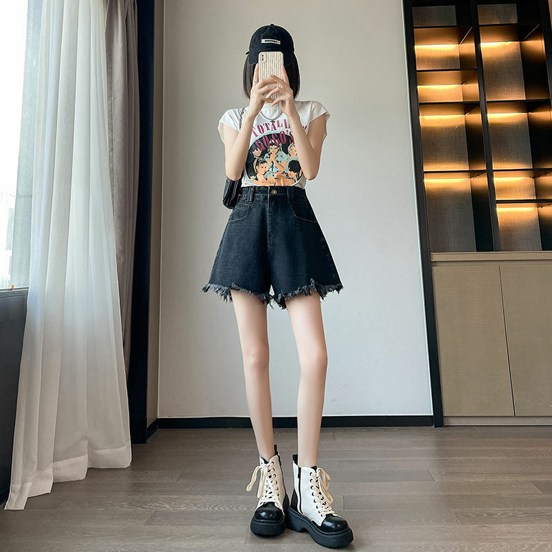 2024 Spring/Summer Korean Edition New Large Black Denim Shorts Loose High Waist Slimming A-line Wide Leg Casual Shorts