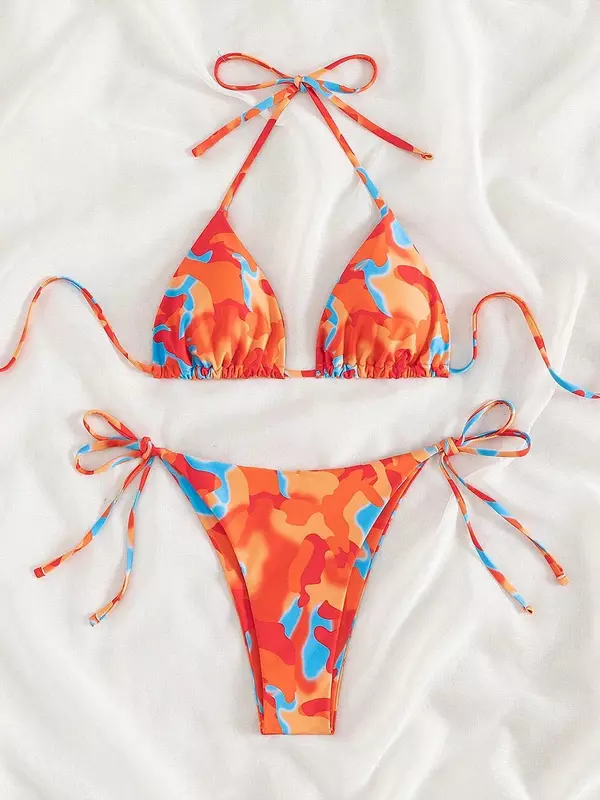 Microbikini Tie Dye para mujer, traje de baño femenino con Tanga, conjuntos de Bikini Sexy con cordones, Bikini brasileño con cuello Halter 2024