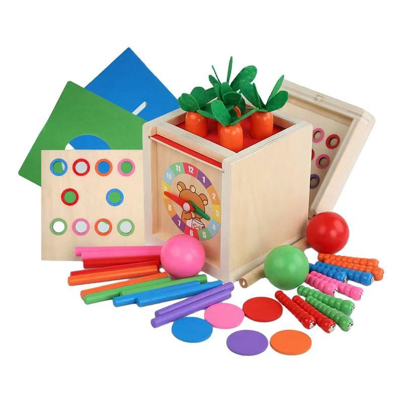 Giocattolo Montessori in legno 6 in 1 per bambini giocattoli educativi multifunzionali per l'apprendimento include portamonete, gioco di raccolta delle carote e bastone