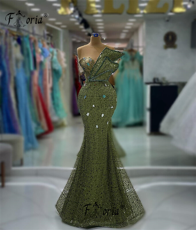 Elegant Green Sequin Crystal Evening Dresses 2023 Dubai Couture Sleeveless Mermaid Wedding Party Dress Custom Made Prom Gowns