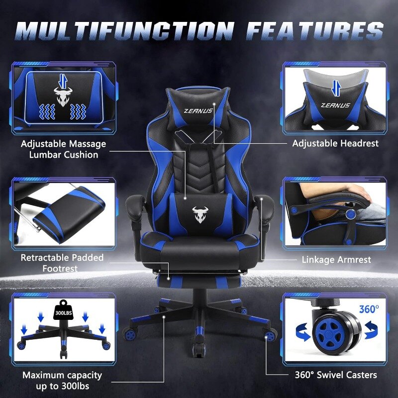 Zeanus Gaming Stuhl für Erwachsene Gaming Stuhl mit Massage Liege Computer Stuhl mit Fuß stütze große und hohe Computer hohe Rückenlehne